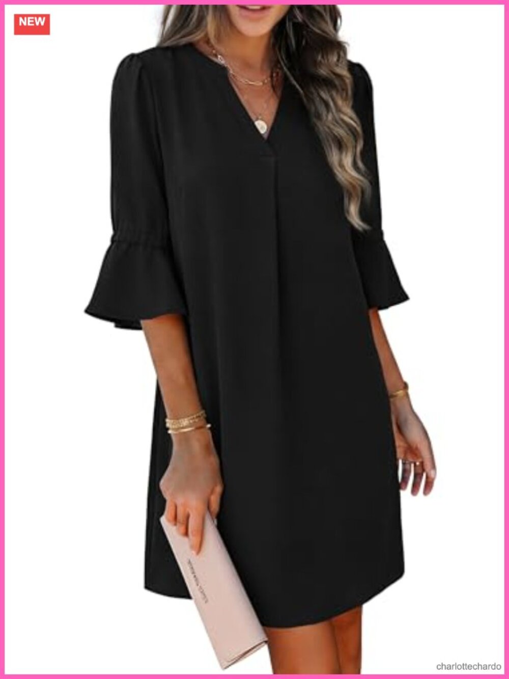 RUMIA Shift Dress Women V Neck Ruffle Sleeve Loose Casual Office